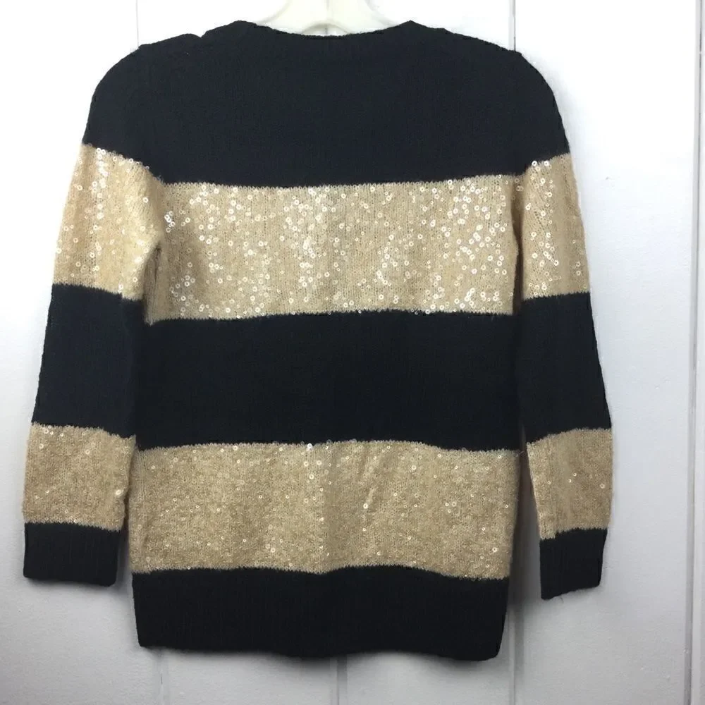 ‎J. Crew Sequin Sweater, Black Gold Stripe Sequin Crew Sweater XS